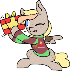 Size: 399x403 | Tagged: safe, artist:nootaz, oc, oc only, oc:chocolate turnover, christmas sweater, clothes, present, simple background, sweater, tongue out, transparent background
