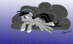 Size: 2370x1433 | Tagged: safe, artist:chopsticks, oc, oc only, oc:chopsticks, pegasus, pony, clothes, cloud, cutie mark, hat, male, rain, raincloud, sad, solo, stallion