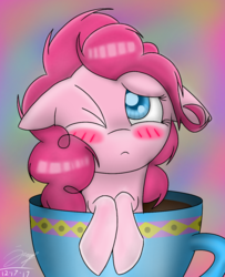 Size: 1058x1301 | Tagged: safe, artist:creepyponeh, pinkie pie, earth pony, pony, g4, blushing, cup, cup of pony, female, floppy ears, mare, micro, one eye closed, solo