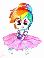 Size: 2062x2745 | Tagged: safe, artist:liaaqila, rainbow dash, equestria girls, g4, alternate hairstyle, blue ribbon, clothes, cute, dress, female, high res, open mouth, rainbow dash always dresses in style, skirt, smiling, solo, traditional art, younger
