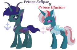 Size: 835x543 | Tagged: safe, artist:superrosey16, oc, oc only, oc:prince eclipse, oc:prince illusion, changedling, changeling, changepony, base used, changedling oc, duo, male, next generation, offspring, parent:pharynx, parent:princess luna, parent:thorax, parent:trixie, parents:phartrix, parents:thuna, pixel art, reference sheet, simple background, transparent background