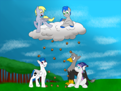 Size: 4000x3000 | Tagged: safe, artist:recordmelodie, derpy hooves, oc, oc:black lights, oc:kami, oc:record melodie, bat pony, griffon, pegasus, pony, g4, cloud, food, hat, muffin, muffin rain, sitting, smiling, standing