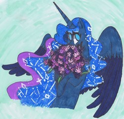 Size: 1658x1589 | Tagged: safe, artist:draw1709, princess luna, pony, g4, female, flower, lavender, mare, solo, that pony sure does love lavender, traditional art