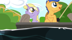 Size: 2870x1614 | Tagged: safe, artist:aaronmk, dinky hooves, flash sentry, pony, g4, fishing, fishing rod, pier, vector, water