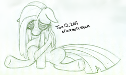 Size: 2151x1284 | Tagged: safe, artist:ericremotesteam, pinkie pie, pony, g4, chest fluff, crying, female, floppy ears, looking at you, looking down, mare, monochrome, pinkamena diane pie, sad, simple background, sitting, sketch, solo, spread legs, spreading, traditional art, white background