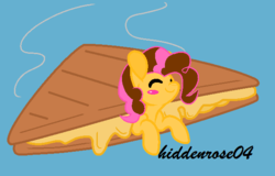 Size: 622x397 | Tagged: safe, artist:hiddenrose04, oc, oc only, oc:cheesecake, earth pony, pony, cheese, female, food, grilled cheese, mare, micro, offspring, parent:cheese sandwich, parent:pinkie pie, parents:cheesepie, sandwich, solo