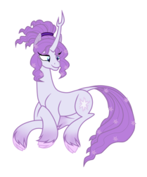 Size: 1024x1225 | Tagged: safe, artist:smallbluetiger, tree of harmony, oc, oc only, oc:harmony (heilos), classical unicorn, pony, unicorn, cloven hooves, eyeshadow, flower, flower in hair, horn, leonine tail, lying down, makeup, ponified, simple background, smiling, solo, transparent background, unshorn fetlocks