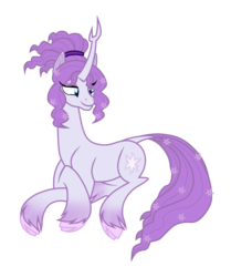 Size: 1024x1225 | Tagged: safe, artist:smallbluetiger, tree of harmony, oc, oc only, oc:harmony (heilos), classical unicorn, pony, unicorn, g4, cloven hooves, eyeshadow, flower, flower in hair, horn, leonine tail, lying down, makeup, ponified, simple background, smiling, solo, transparent background, unshorn fetlocks