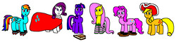 Size: 2512x604 | Tagged: safe, artist:samueljcollins1990, applejack, fluttershy, pinkie pie, rainbow dash, rarity, twilight sparkle, g4, 1000 hours in ms paint, book, christmas, clothes, dress, happy hearth's warming, hat, hearth's warming, holiday, mane six, merry christmas, roller skates, simple background, snowshoes, socks, striped socks, white background