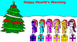 Size: 2374x1298 | Tagged: safe, artist:samueljcollins1990, applejack, fluttershy, pinkie pie, rainbow dash, rarity, twilight sparkle, alicorn, pony, g4, christmas, christmas tree, happy hearth's warming, hat, hearth's warming, holiday, mane six, merry christmas, present, santa hat, tree, twilight sparkle (alicorn)