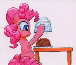 Size: 2738x2321 | Tagged: safe, artist:bbqninja501st, pinkie pie, earth pony, pony, g4, female, food, high res, mare, simple background, smiling, solo, tongue out, traditional art, white background