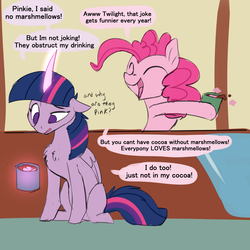 Size: 1280x1280 | Tagged: safe, artist:veesocks, pinkie pie, twilight sparkle, alicorn, earth pony, pony, g4, 30 minute art challenge, chest fluff, chocolate, curved horn, dialogue, eyes closed, female, food, glowing horn, horn, hot chocolate, magic, mare, mug, smiling, twilight sparkle (alicorn)