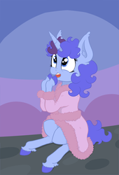 Size: 3235x4760 | Tagged: safe, artist:paskanaakka, derpibooru exclusive, oc, oc only, oc:midnight dew, pony, unicorn, bathrobe, clothes, colored hooves, ear fluff, female, horn, mare, pony oc, robe, sitting, smiling, solo, unicorn oc, unshorn fetlocks