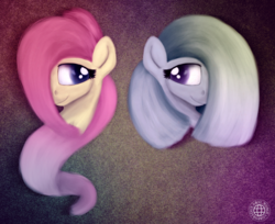 Size: 2698x2200 | Tagged: safe, artist:grayworldcorporation, fluttershy, marble pie, earth pony, pegasus, pony, g4, bust, duet, duo, female, high res, mare, portrait, simple, smiling