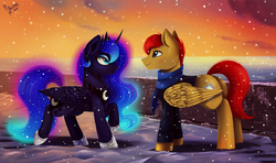 Size: 1024x608 | Tagged: safe, artist:das_leben, princess luna, oc, alicorn, pegasus, pony, g4, canon x oc, clothes, coat, commission, female, looking at each other, male, mare, smiling, snow, snowfall, stallion, straight