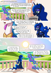 Size: 955x1351 | Tagged: safe, artist:mysticalpha, princess celestia, princess luna, alicorn, pony, comic:day in the lives of the royal sisters, g4, balcony, canterlot, cloud, comic, crown, dialogue, female, horn, jewelry, magic, mare, newspaper, peytral, reading, regalia, sisters, sitting, sky, speech bubble, sun, telekinesis, wings