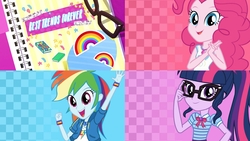Size: 1281x720 | Tagged: safe, screencap, pinkie pie, rainbow dash, sci-twi, twilight sparkle, best trends forever, equestria girls, equestria girls series, g4, best trends forever: pinkie pie, best trends forever: rainbow dash, best trends forever: twilight sparkle, choose pinkie pie, choose rainbow dash, choose twilight sparkle, choose your own ending (season 1), female, geode of sugar bombs, geode of super speed, geode of telekinesis, magical geodes, title card