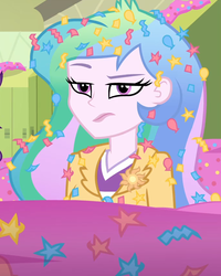 Size: 681x851 | Tagged: safe, screencap, princess celestia, principal celestia, best trends forever, best trends forever: pinkie pie, equestria girls, g4, my little pony equestria girls: better together, angry, celestia is not amused, choose pinkie pie, cropped, female, raised eyebrow, solo, unamused