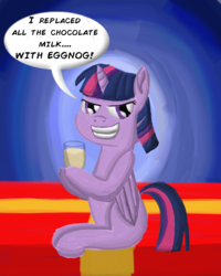 Size: 2400x3000 | Tagged: safe, artist:saburodaimando, twilight sparkle, alicorn, pony, g4, christmas, daimando is going to hell, eggnog, evil smile, exploitable meme, grin, hearth's warming eve, high res, holiday, meme, missing cutie mark, present, pure unfiltered evil, smiling, spilled milk, twilight sparkle (alicorn)