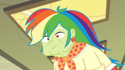 Size: 1920x1080 | Tagged: safe, screencap, granny smith, best trends forever, best trends forever: rainbow dash, equestria girls, g4, my little pony equestria girls: better together, female, rainbow wig, solo, why, wig