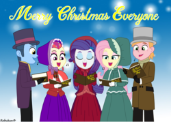 Size: 3500x2500 | Tagged: safe, artist:robukun, big macintosh, fluttershy, rarity, toe-tapper, torch song, equestria girls, g4, bonnet, christmas, cloak, clothes, coat, dress, hat, high res, holiday, suit, the ponytones, victorian, victorian dress