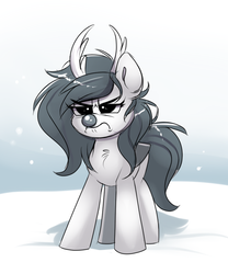 Size: 697x839 | Tagged: safe, artist:confetticakez, oc, oc only, oc:raven sun, deer, deer pony, original species, peryton, pony, reindeer, angry, antlers, clothes, costume, cute, female, mare, monochrome, ocbetes, sketch, snow, solo, winter