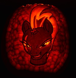 Size: 3337x3424 | Tagged: safe, artist:archiveit1, tempest shadow, pony, unicorn, g4, my little pony: the movie, broken horn, evil smile, female, grin, halloween, high res, holiday, horn, irl, jack-o-lantern, mare, photo, pumpkin, smiling, solo, traditional art