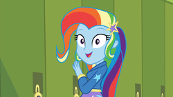Size: 1920x1080 | Tagged: safe, screencap, trixie, best trends forever, best trends forever: rainbow dash, equestria girls, g4, my little pony equestria girls: better together, canterlot high, cute, diatrixes, female, lockers, rainbow wig, smiling