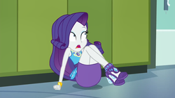 Size: 1280x720 | Tagged: safe, screencap, rarity, best trends forever, best trends forever: rainbow dash, equestria girls, g4, my little pony equestria girls: better together, canterlot high, clothes, door, female, hallway, high heels, legs, lockers, pencil skirt, rarity peplum dress, shoes, sitting on floor, skirt, solo
