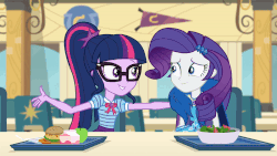 Size: 800x450 | Tagged: safe, screencap, rarity, sci-twi, twilight sparkle, best trends forever, best trends forever: twilight sparkle, equestria girls, g4, my little pony equestria girls: better together, :o, animated, animated screencap, apple, burger, cafeteria, choose twilight sparkle, cute, eyes closed, female, food, geode of shielding, geode of telekinesis, grin, hamburger, hug, magical geodes, nuzzling, open mouth, raribetes, rarity peplum dress, salad, shipping fuel, smiling, snuggling, squishy cheeks, twiabetes
