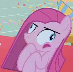 Size: 567x556 | Tagged: safe, screencap, pinkie pie, earth pony, pony, g4, party of one, season 1, cropped, derp, faic, female, insanity, mouth on side of face, pinkamena diane pie, solo