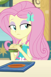 Size: 570x848 | Tagged: safe, screencap, fluttershy, best trends forever, best trends forever: twilight sparkle, equestria girls, g4, my little pony equestria girls: better together, animated, cafeteria, choose twilight sparkle, cropped, eating, female, food, sandwich, vegan, vegetarian
