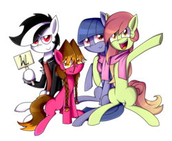 Size: 2470x2021 | Tagged: safe, artist:whitelie, oc, oc only, oc:artline, oc:cosmia nebula, oc:lix, oc:white lie, earth pony, pony, 2018 community collab, derpibooru community collaboration, clothes, friendship, happy, high res, scarf, shared clothing, shared scarf, side hug, sign, simple background, transparent background