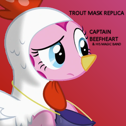 Size: 557x557 | Tagged: safe, artist:kawshee, pinkie pie, earth pony, pony, g4, album parody, animal costume, chicken pie, chicken suit, clothes, costume, female, ponified, ponified album cover, solo