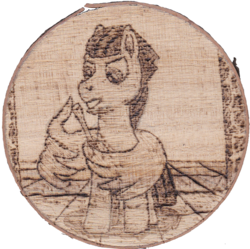 Size: 956x952 | Tagged: safe, artist:malte279, oc, oc only, oc:flutterpie, pony, pen and paper rpg, pyrography, solo, traditional art, wing hands