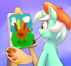 Size: 1871x1741 | Tagged: safe, artist:otakuap, lyra heartstrings, pony, turkey, unicorn, g4, beret, canvas, cute, female, hand, hand turkey, hat, mare, mouth hold, paintbrush, painting, smiling, solo, that pony sure does love hands