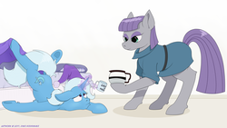 Size: 1280x720 | Tagged: safe, artist:thedigodragon, maud pie, trixie, earth pony, pony, unicorn, g4, coffee, cup, female, hat, looking at each other, mare, nightcap, simple background, white background