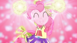Size: 1600x900 | Tagged: safe, artist:sailortrekkie92, artist:slb94, pinkie pie, earth pony, pony, all bottled up, g4, alternate hairstyle, bow, cheering, cheerleader, cheerleader pinkie, clothes, costume, eyes closed, female, lens flare, mare, megaphone, pom pom, ponytail, solo, trace, vector, wallpaper