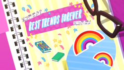 Size: 1920x1080 | Tagged: safe, screencap, best trends forever, equestria girls, g4, my little pony equestria girls: choose your own ending, book, confetti, glasses, no pony, rainbow, sticker, title card