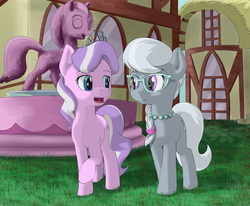 Size: 2880x2376 | Tagged: safe, artist:robin jacks, diamond tiara, silver spoon, earth pony, pony, g4, duo, female, filly, fountain, glasses, high res, house, jewelry, necklace, ponyville, statue, talking, walking