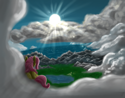 Size: 1024x801 | Tagged: safe, artist:com3tfire, fluttershy, pegasus, pony, g4, chillaxing, cloud, female, lake, lighting, mare, mountain, ocean, sitting, sky, solo, sun, water