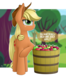 Size: 3245x3761 | Tagged: safe, artist:creativitybox18, applejack, pony, g4, apple basket, apple tree, basket, female, high res, looking at you, mouth hold, question, solo, straw, talking to viewer, tree