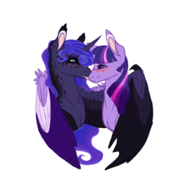 Size: 3000x3000 | Tagged: safe, artist:pndrws, princess luna, twilight sparkle, alicorn, pony, g4, bat wings, blushing, boop, coat markings, colored wings, colored wingtips, dappled, ear fluff, eye contact, eyeshadow, fangs, female, fluffy, freckles, grin, heart eyes, high res, hug, lesbian, licking, lidded eyes, looking at each other, makeup, mare, mlem, noseboop, nuzzling, ship:twiluna, shipping, silly, simple background, smiling, spread wings, tongue out, transparent background, twilight sparkle (alicorn), wing fluff, wingding eyes, winghug, wings