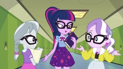 Size: 1280x720 | Tagged: safe, screencap, diamond tiara, sci-twi, silver spoon, twilight sparkle, best trends forever, best trends forever: twilight sparkle, equestria girls, g4, my little pony equestria girls: better together, choose twilight sparkle, clothes, cutie mark on clothes, geode of telekinesis, glasses, magical geodes, sci-twi skirt, skirt