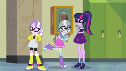 Size: 1280x720 | Tagged: safe, screencap, diamond tiara, sci-twi, silver spoon, twilight sparkle, best trends forever, equestria girls, equestria girls series, g4, best trends forever: twilight sparkle, boots, choose twilight sparkle, clothes, geode of telekinesis, glasses, jacket, magical geodes, shoes, skirt