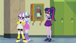 Size: 1280x720 | Tagged: safe, screencap, diamond tiara, sci-twi, silver spoon, twilight sparkle, best trends forever, equestria girls, equestria girls series, g4, best trends forever: twilight sparkle, boots, choose twilight sparkle, clothes, female, geode of telekinesis, glasses, jacket, magical geodes, shoes, skirt
