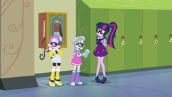 Size: 1280x720 | Tagged: safe, screencap, diamond tiara, sci-twi, silver spoon, twilight sparkle, best trends forever, equestria girls, equestria girls series, g4, best trends forever: twilight sparkle, boots, choose twilight sparkle, clothes, glasses, jacket, shoes, skirt