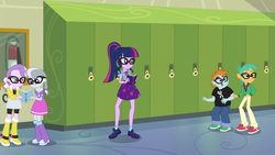 Size: 1280x720 | Tagged: safe, screencap, diamond tiara, sci-twi, silver spoon, snails, snips, twilight sparkle, best trends forever, equestria girls, equestria girls series, g4, best trends forever: twilight sparkle, boots, choose twilight sparkle, clothes, female, geode of telekinesis, glasses, jacket, magical geodes, male, shoes, skirt