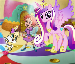 Size: 1095x937 | Tagged: safe, princess cadance, alicorn, human, pony, rabbit, g4, animal, baby, baby looney tunes, bow, britt mckillip, candyland, clothes, crossover, crown, cute, cutedance, diaper, dress, female, horn, jewelry, lola bunny, looney tunes, mare, ponytail, princess lolly, raised hoof, regalia, shoes, smiling, spread wings, voice actor joke, wings, younger