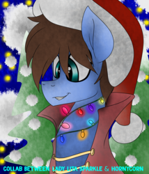Size: 1740x2030 | Tagged: safe, artist:h0rnycorn, artist:ladylullabystar, oc, oc only, oc:bizarre song, cape, christmas, christmas lights, clothes, collaboration, hat, holiday, night, smiling, snow, snowflake, tree
